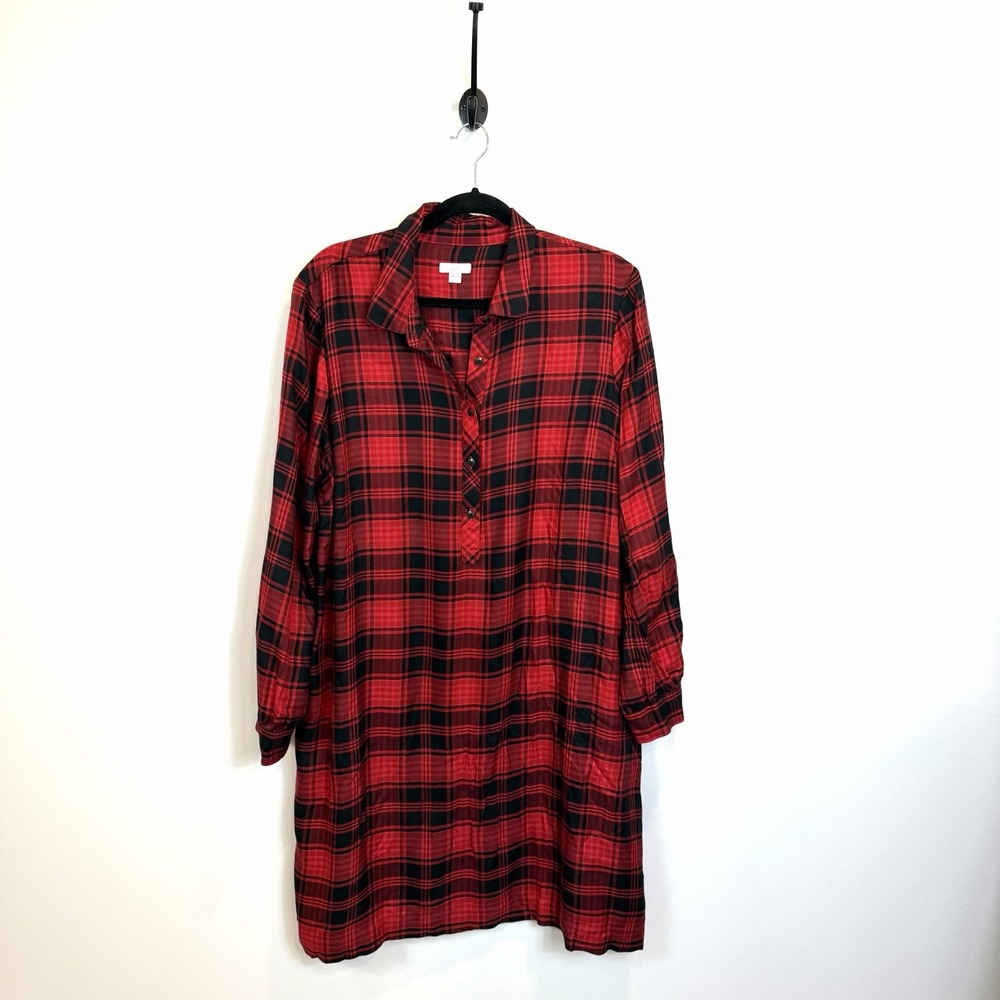J. Jill Large Red Plaid‎ Shirt Dress Scarlet Popover Tencel Lyocell